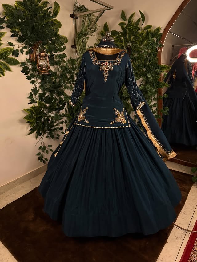 The Shehnaaz-e-Teal Royal Velvet Ghagra Embroidered Set