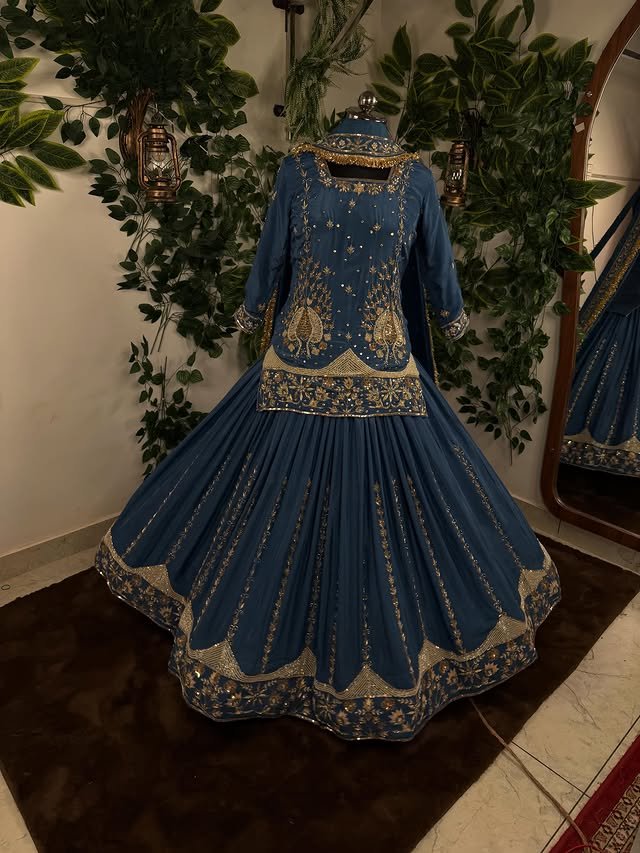 Royal Peacock Blue Zardozi Heritage Sharara Embroidered Set